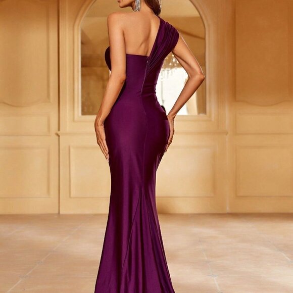 Purple Preppy Womens One Shoulder Ruched Split Thigh Formal Bridesmaid… - Picture 2 of 5